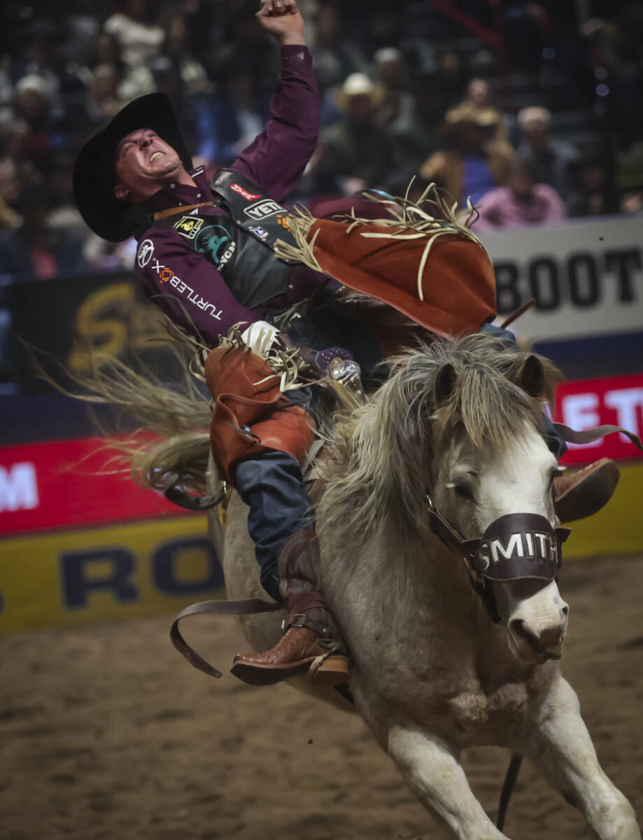 Richmond Champion competes in bareback riding during the 8th go-round of the National Finals Ro ...