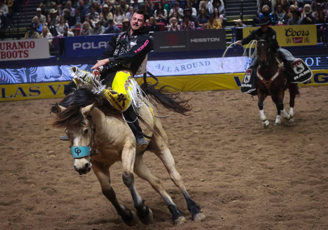 R.C. Landingham competes in bareback riding during the 8th go-round of the National Finals Rode ...