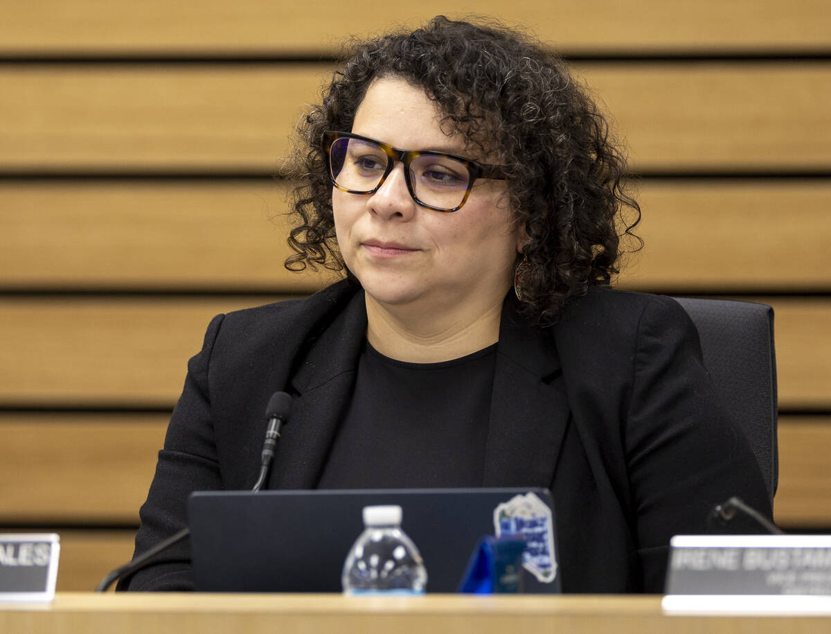 Trustee Evelyn Garcia Morales listens during a Clark County School Board meeting, Thursday, Dec ...