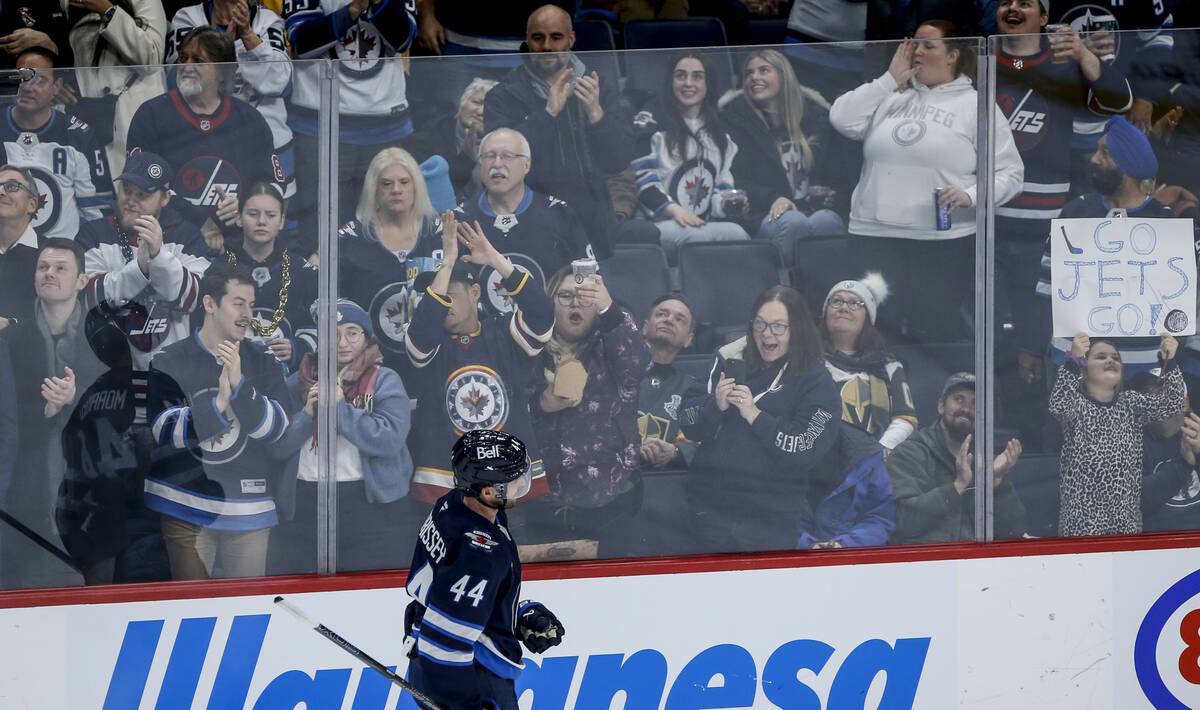 Winnipeg Jets' Josh Morrissey (44) scores the go ahead goal against the Vegas Golden Knights du ...