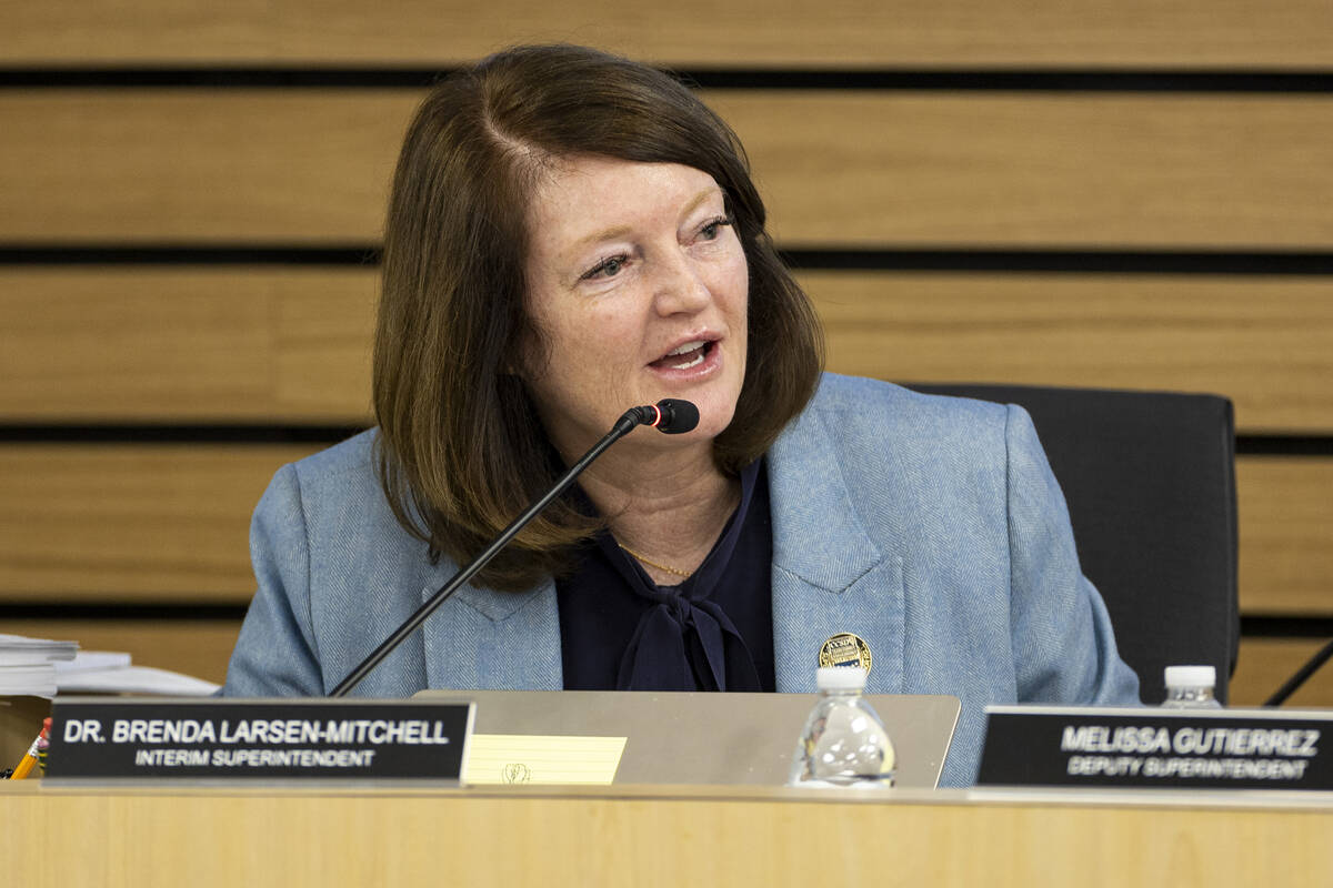 Interim Superintendent Dr. Brenda Larsen-Mitchell speaks during a Clark County School Board mee ...