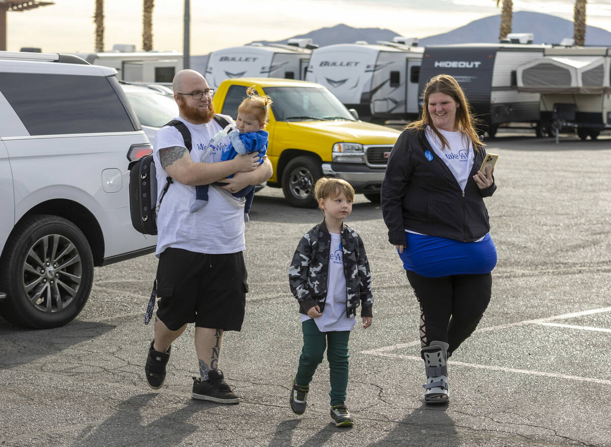 Dan King arrives with Brooklyn, 2, Harlee, 5, and wife Tabitha as Make-A-Wish Nevada gives them ...