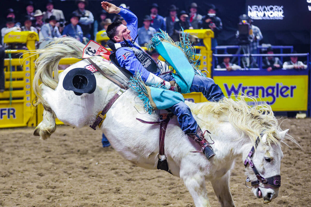 Bareback rider Jess Pope completes his last ride during the final night of National Finals Rode ...