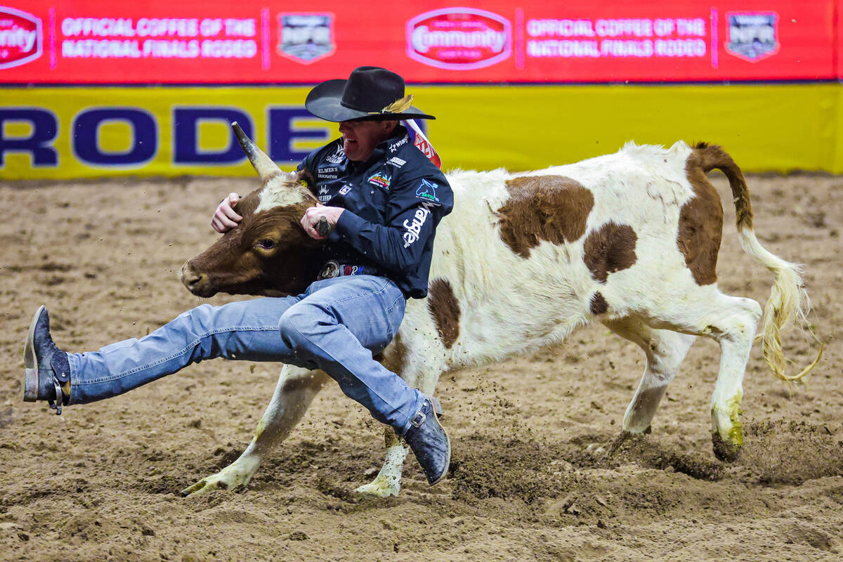 Steer wrestler Dalton Massey tries to force the steer down during the final night of National F ...