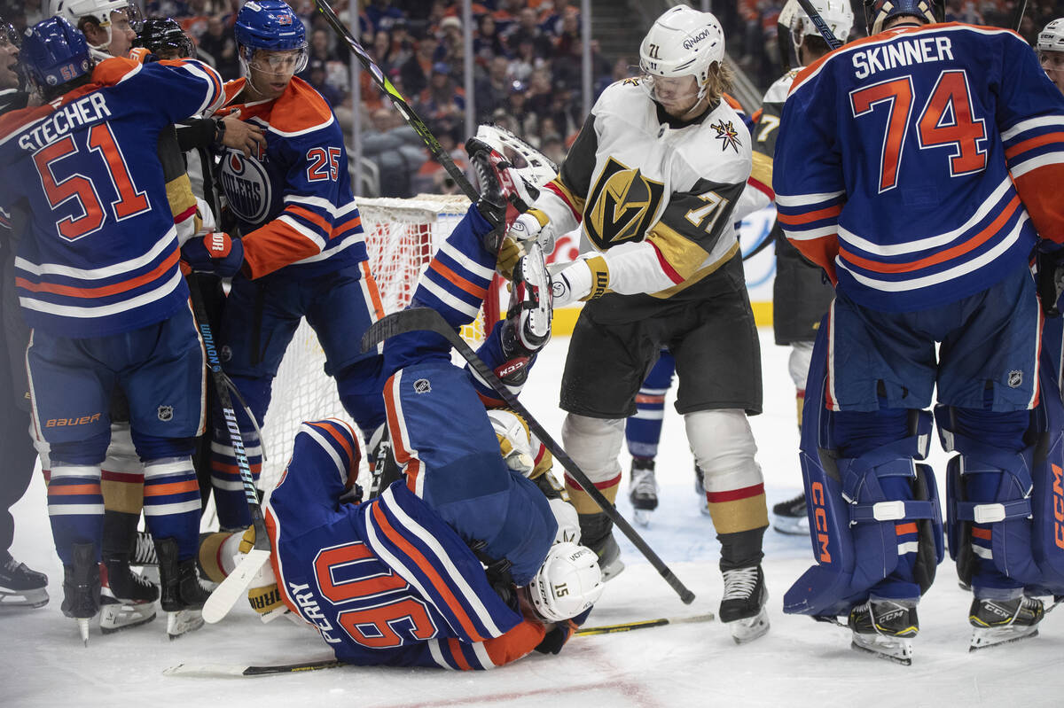 Vegas Golden Knights and Edmonton Oilers rough it up during the third period of an NHL game in ...