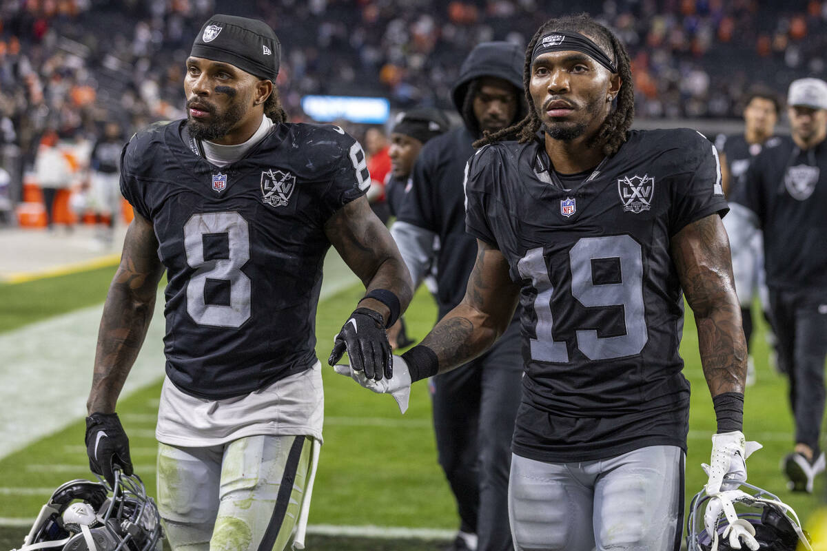 Raiders running back Ameer Abdullah (8) and wide receiver DJ Turner (19) walk off the field aft ...