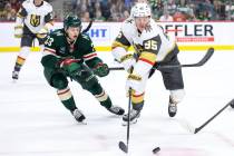 Vegas Golden Knights right wing Victor Olofsson, right, and Minnesota Wild center Marco Rossi ( ...