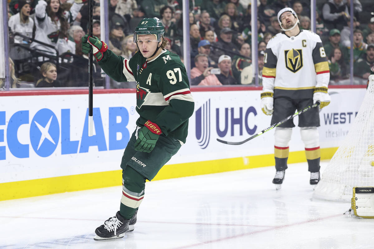 Minnesota Wild left wing Kirill Kaprizov (97) celebrates after his goal against the Vegas Golde ...