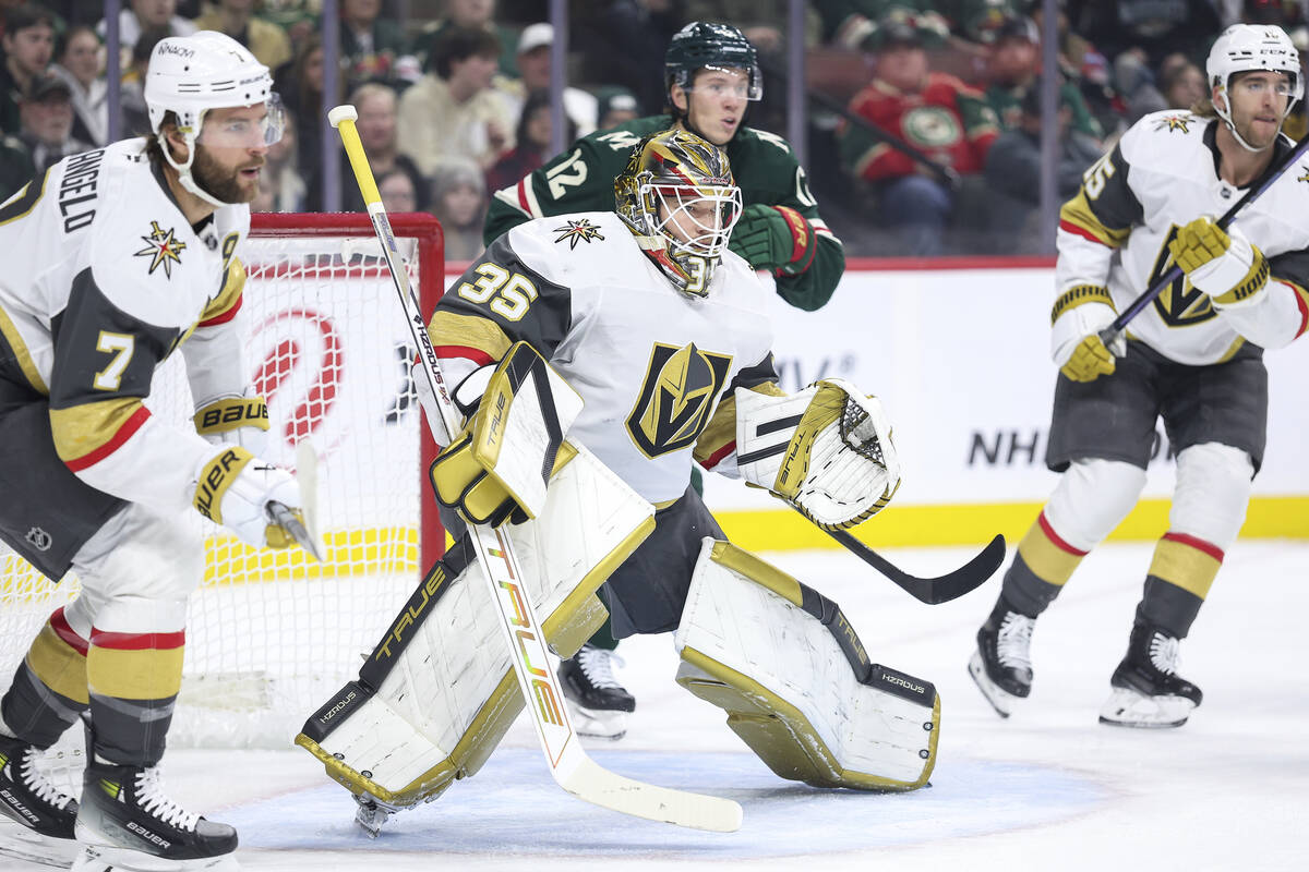 Vegas Golden Knights goaltender Ilya Samsonov (35) defends his net against the Minnesota Wild d ...