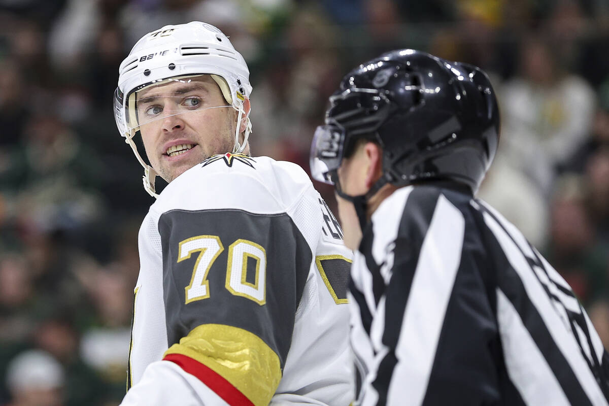 Vegas Golden Knights left wing Tanner Pearson (70) reacts towards linesman Tommy Hughes during ...