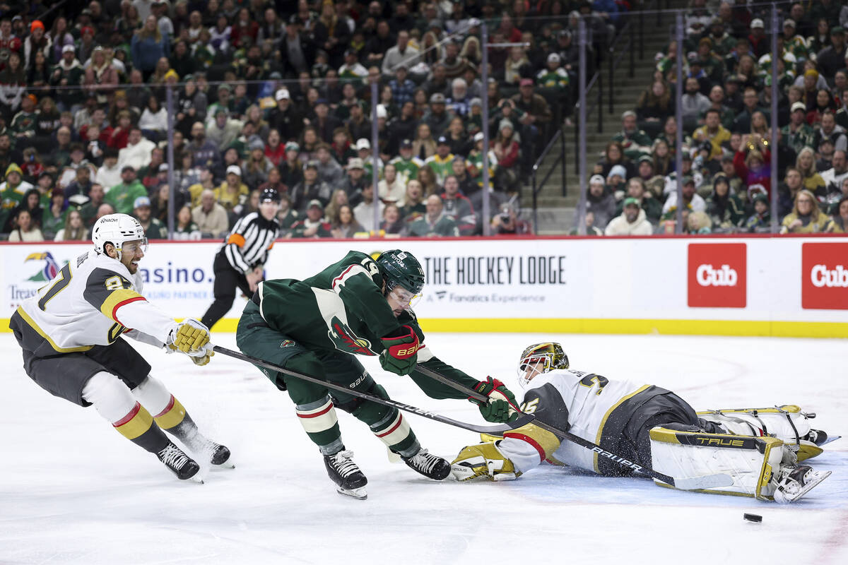 Vegas Golden Knights goaltender Ilya Samsonov (35) makes a save on a shot by Minnesota Wild cen ...