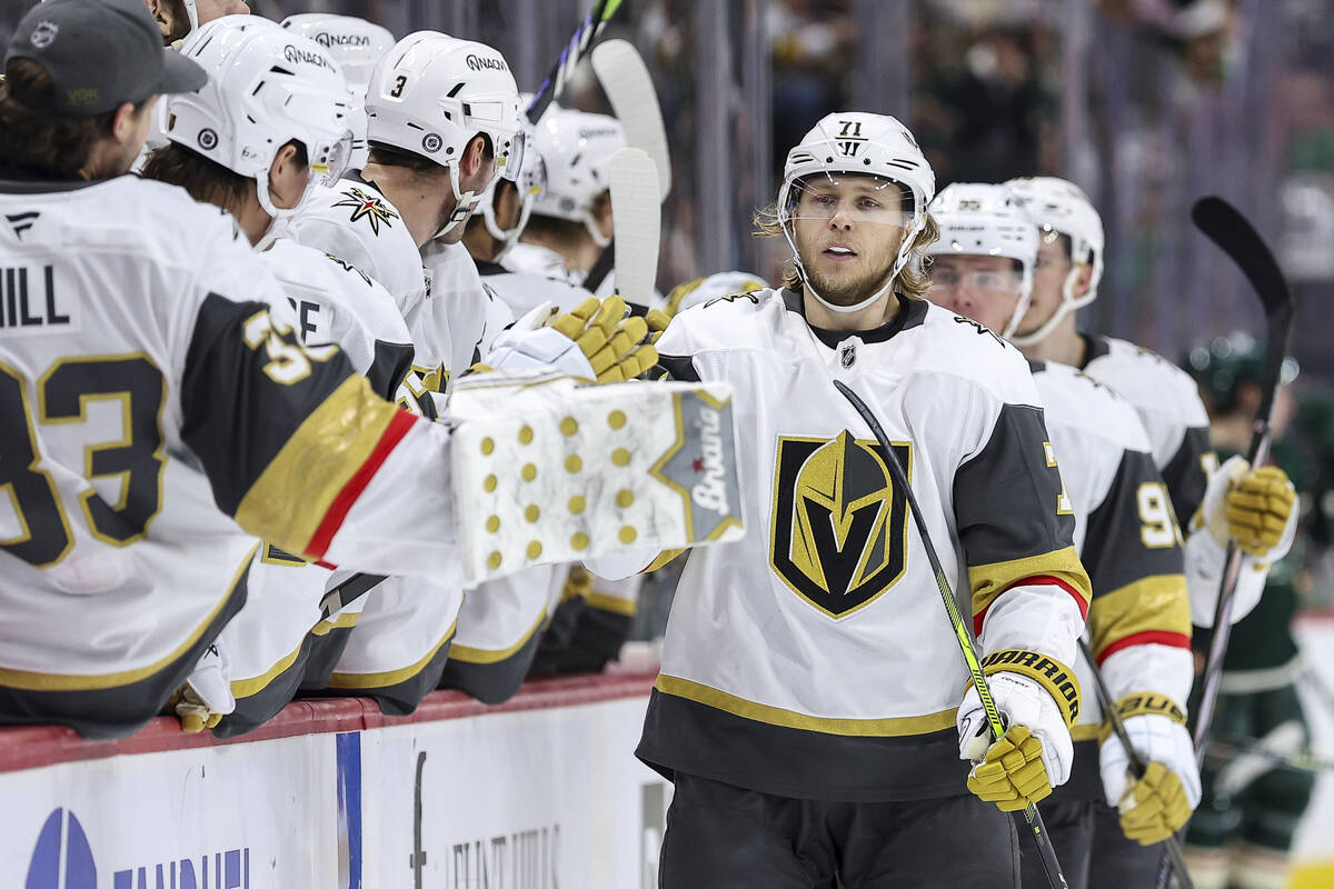 Vegas Golden Knights center William Karlsson (71) is congratulated after his goal against the M ...