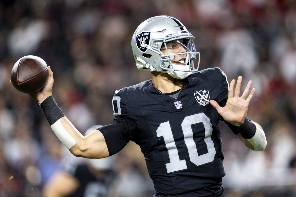 Raiders quarterback Desmond Ridder (10) looks to throw the ball during the first half of the NF ...