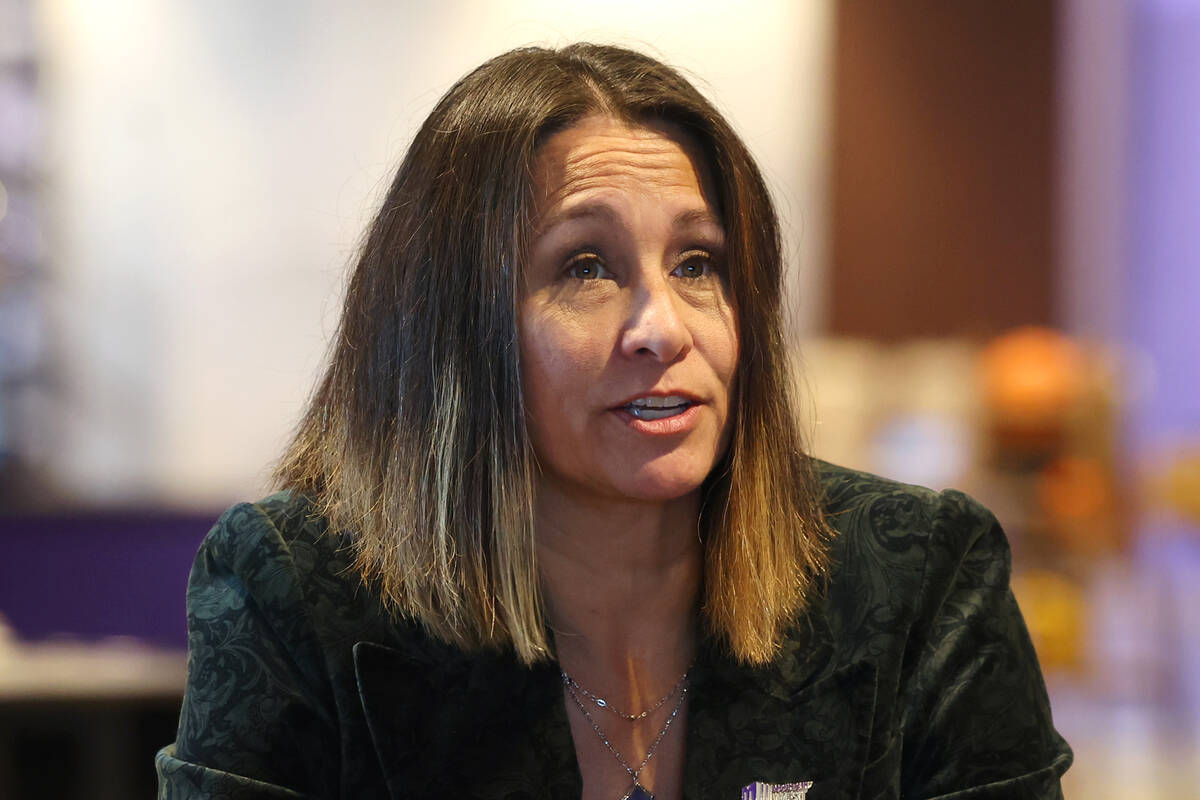 Mountain West Conference commissioner Gloria Nevarez speaks during men's basketball media day, ...