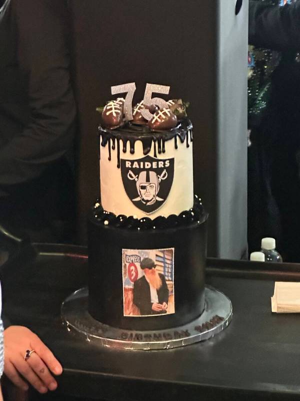 The cake commemorating Billy Gibbons' 75th birthday is shown at halftime of the Raiders-Falcons ...