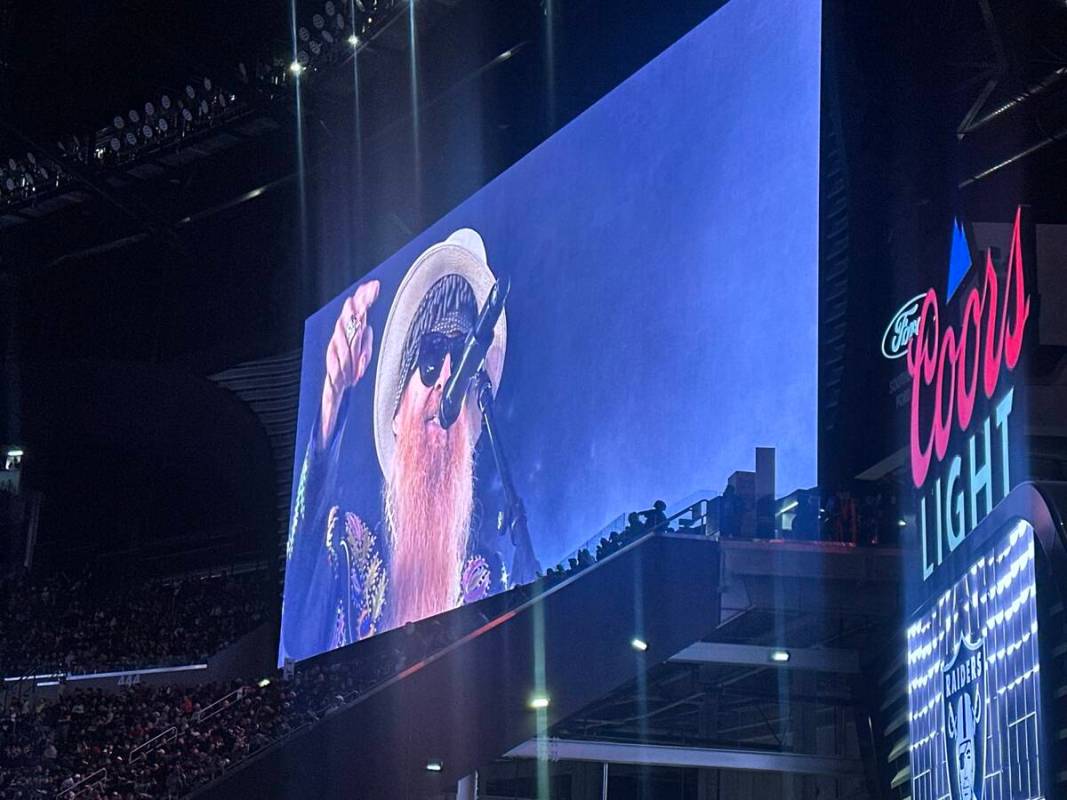 Billy F. Gibbons is shown performing at halftime of the Raiders-Falcons game at Allegiant Stadi ...