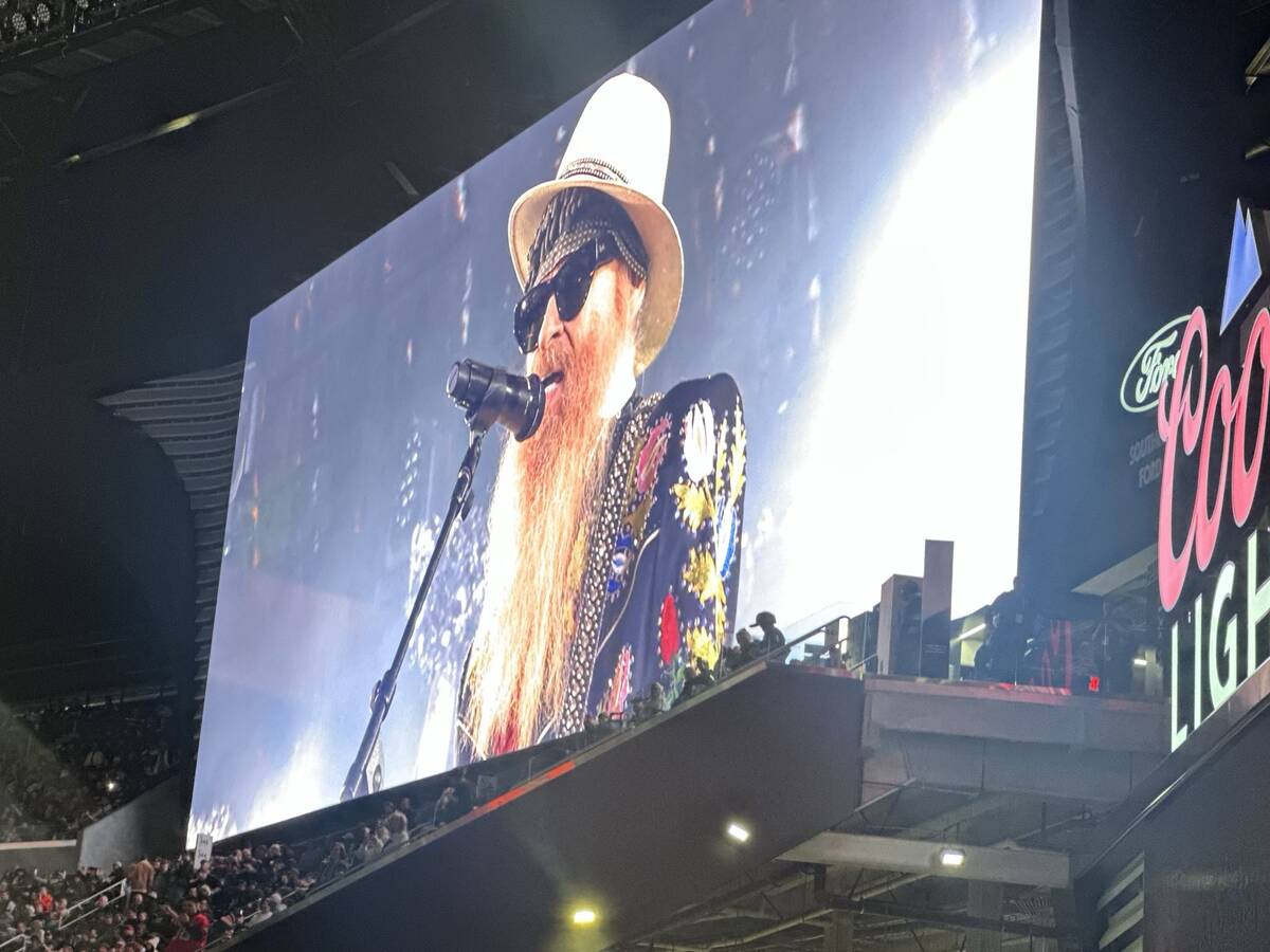 Billy F. Gibbons is shown performing at halftime of the Raiders-Falcons game at Allegiant Stadi ...