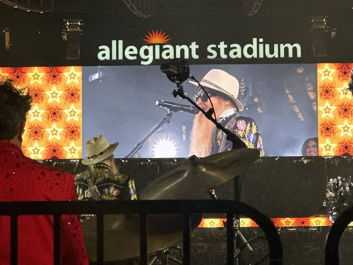 Billy F. Gibbons is shown performing at halftime of the Raiders-Falcons game at Allegiant Stadi ...