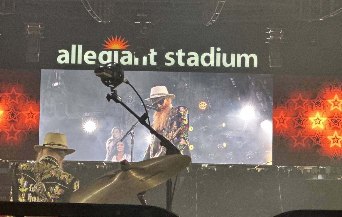 Billy F. Gibbons is shown performing at halftime of the Raiders-Falcons game at Allegiant Stadi ...