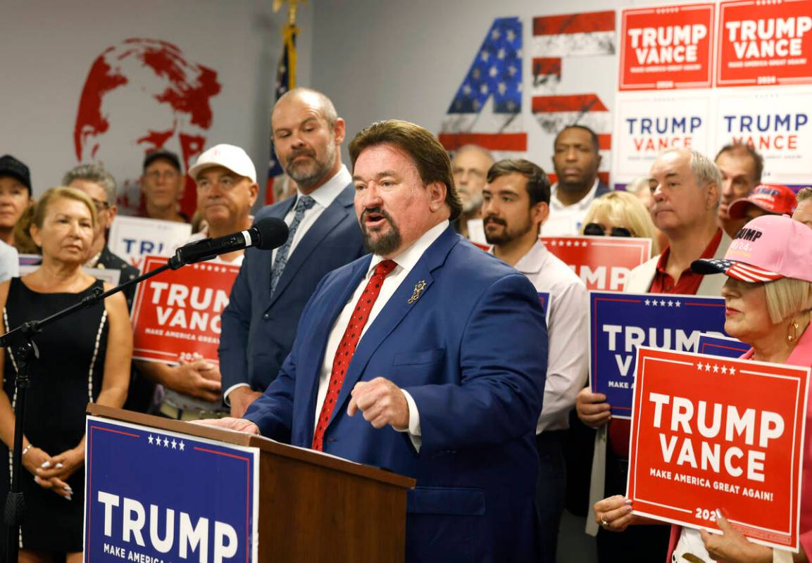 Nevada Republican Party Chairman Michael McDonald speaks as Clark County Republican Party Chair ...