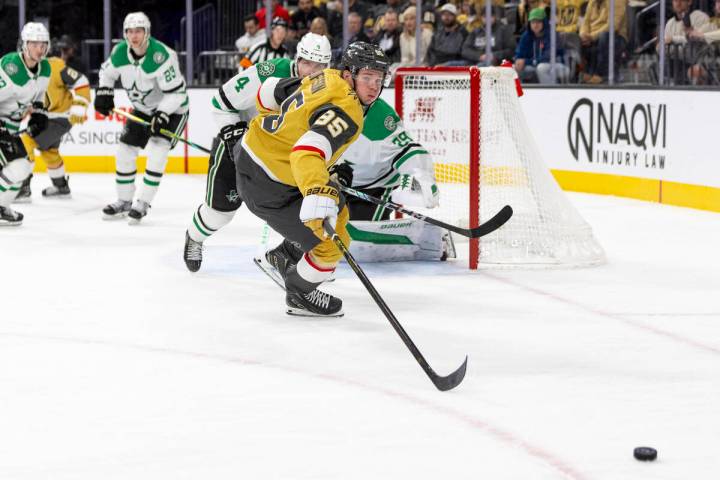 Golden Knights right wing Victor Olofsson (95) charges after the puck during the third period o ...