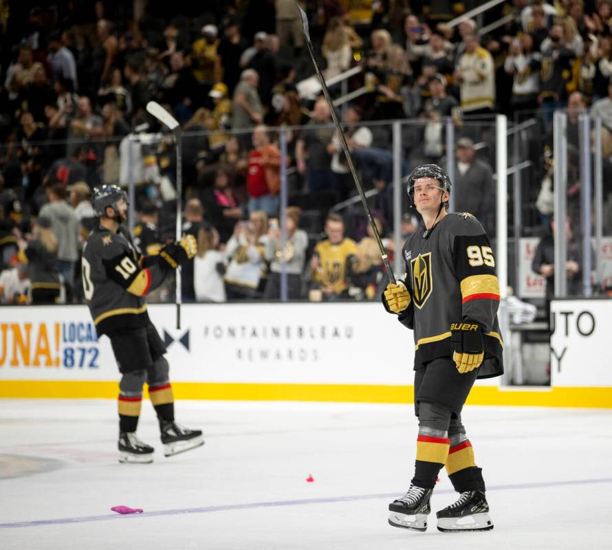 Golden Knights right wing Victor Olofsson (95) salutes the crowd after the NHL hockey game, def ...