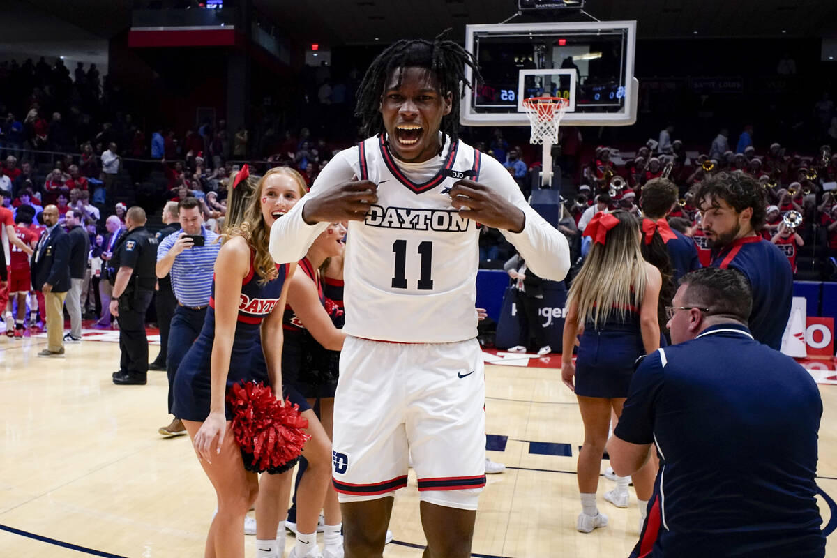 Dayton's Malachi Smith (11) reacts after the team's 66-65 victory over UNLV in an NCAA college ...