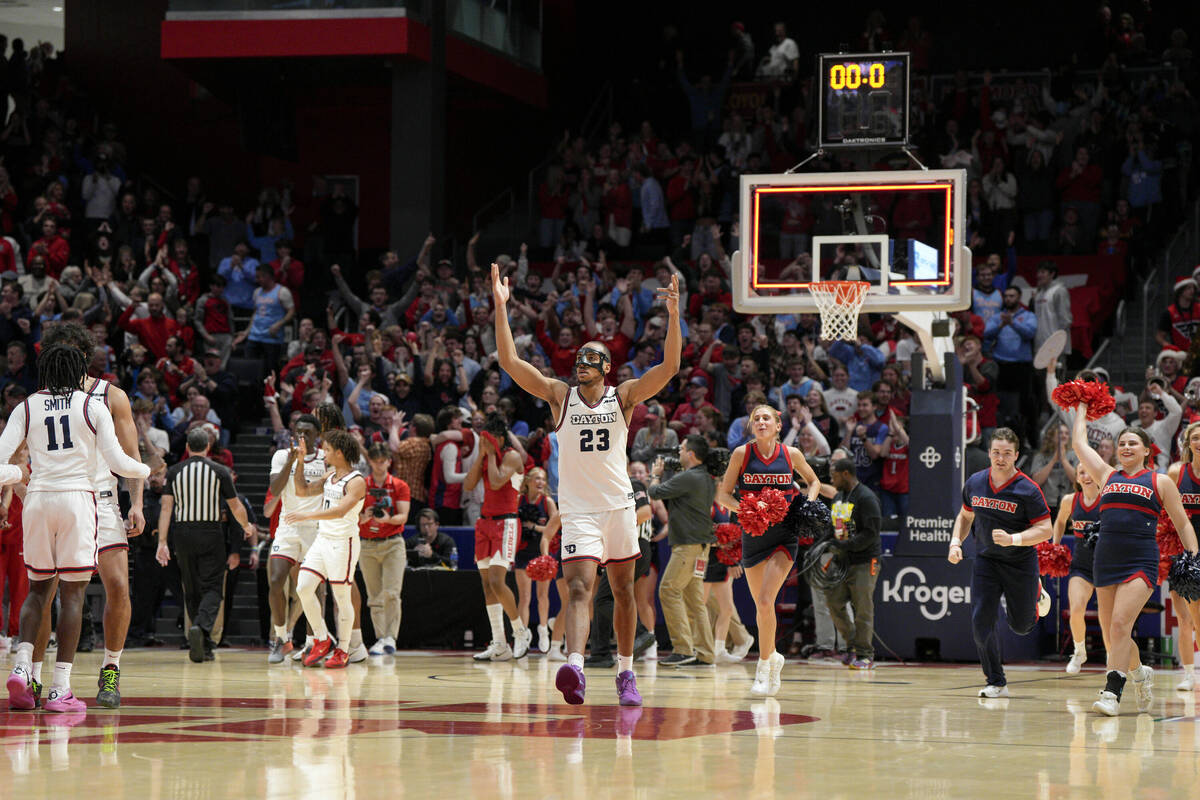 Dayton's Zed Key (23) reacts after the team's 66-65 victory over UNLV in an NCAA college basket ...