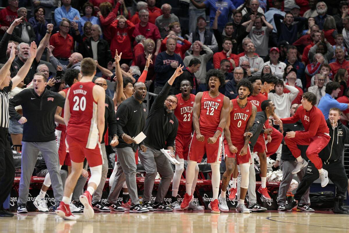 UNLV's Julian Rishwain (20) celebrates with teammates after scoring during the second half of a ...