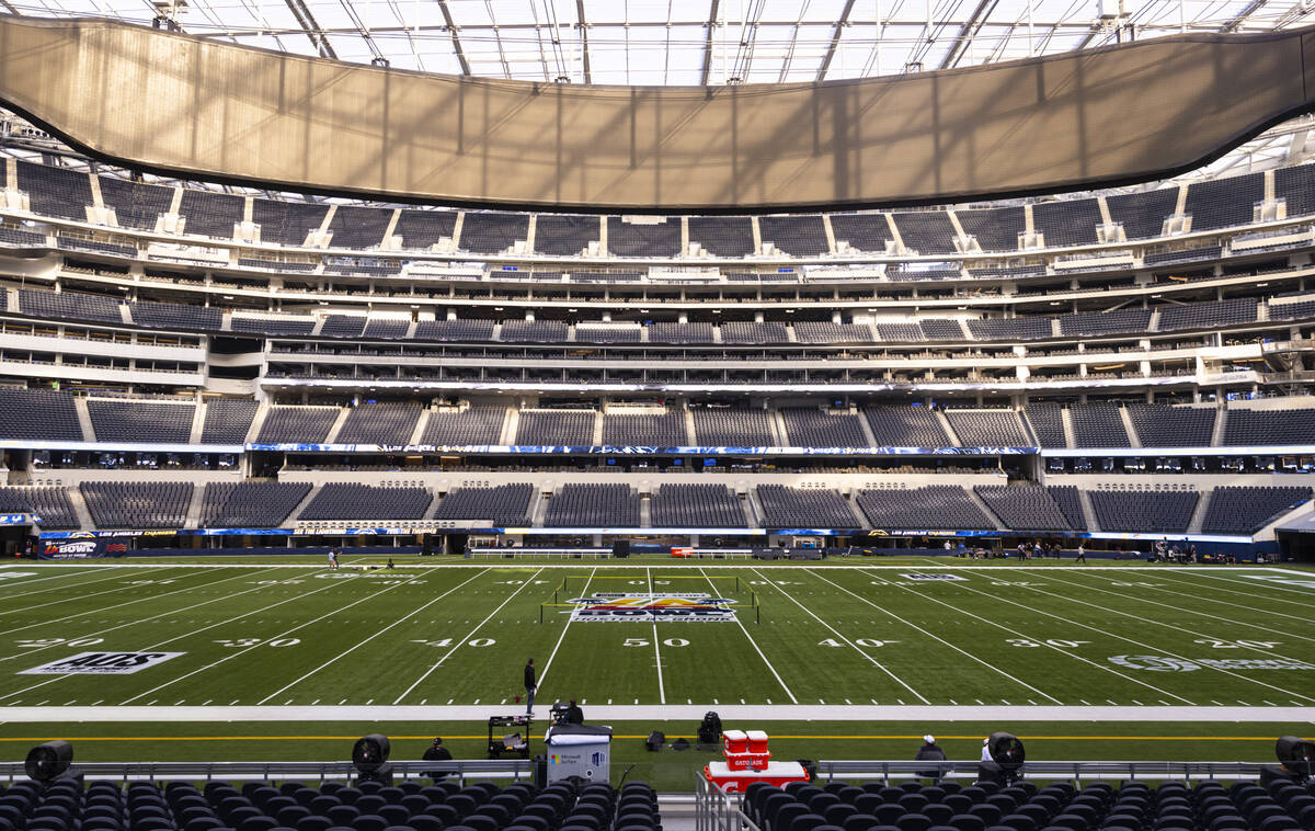 The field at SoFi Stadium ahead of the LA Bowl, where the Rebels will face California, on Tuesd ...