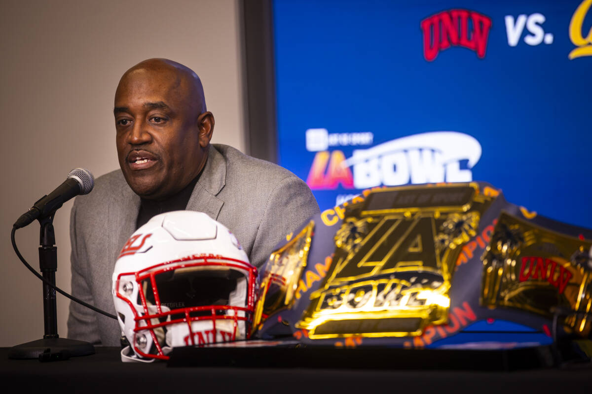 UNLV interim football coach Del Alexander speaks during a press conference ahead of the LA Bowl ...