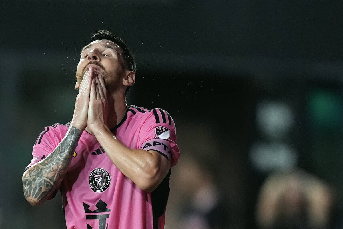 FILE - Inter Miami forward Lionel Messi reacts during the second half of an MLS soccer match ag ...