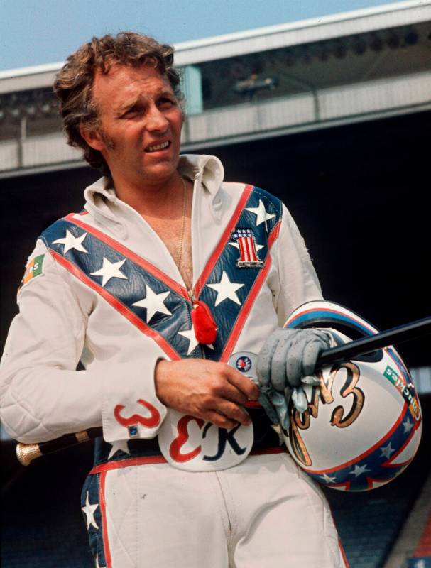 FILE - In this Aug. 20, 1974 file photo Daredevil motorcyclist Evel Knievel poses at the open-a ...