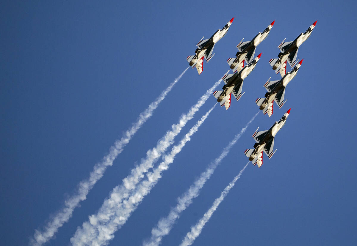 The U.S. Air Force Thunderbirds during their performance during the Aviation Nation at Nellis A ...