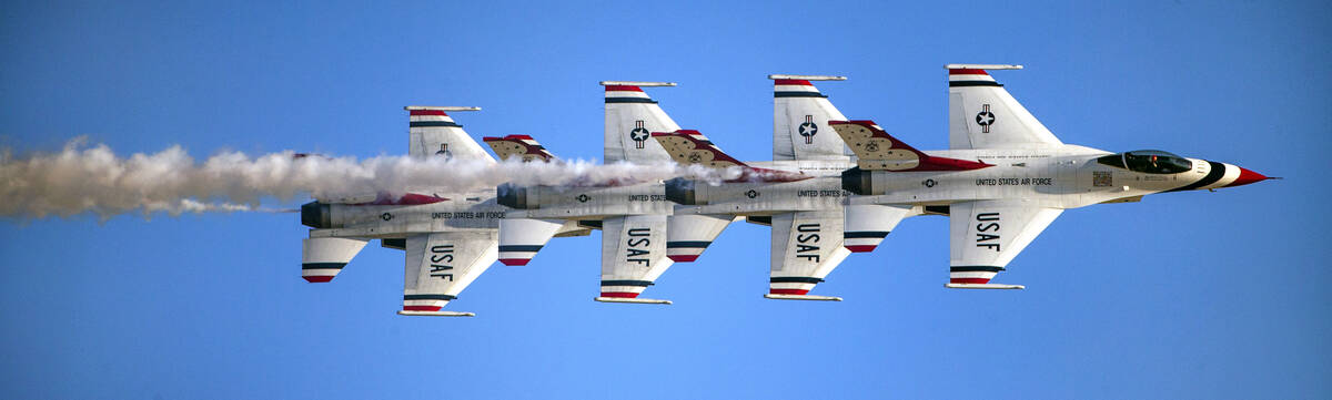 The U.S. Air Force Thunderbirds during their performance during the Aviation Nation at Nellis A ...