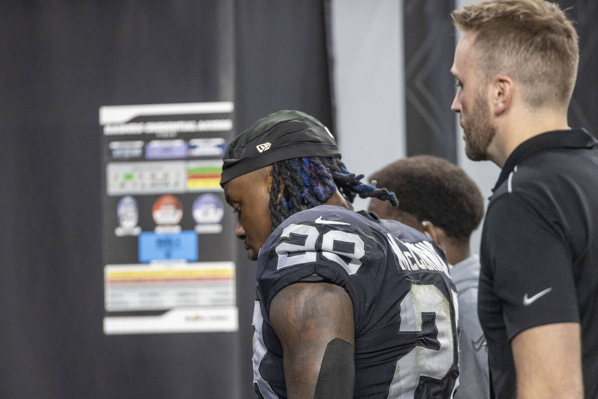 Raiders running back Sincere McCormick (28) heads to the locker room after being injured on the ...