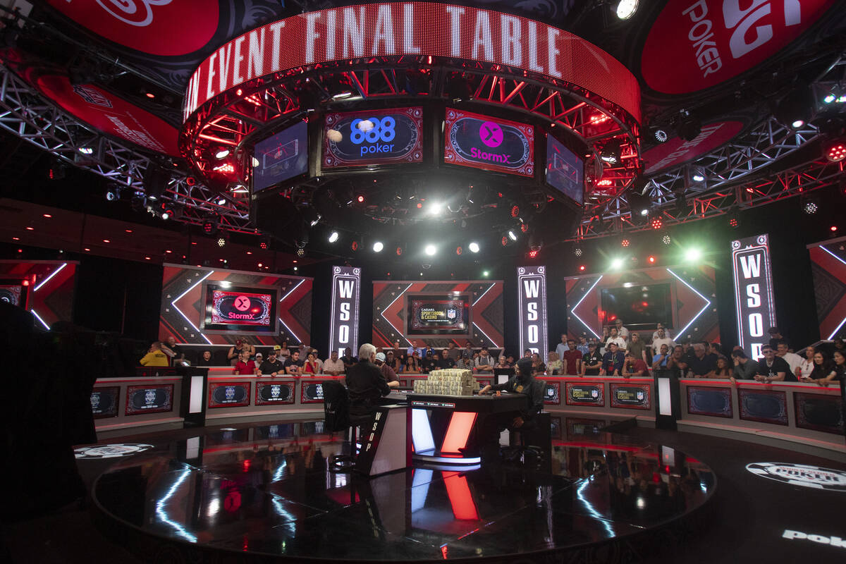 Jordan Griff, left, and Jonathan Tamayo, right, compete in the final table of the World Series ...