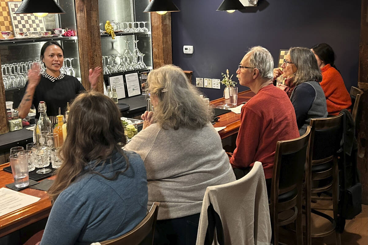 Bartender Patty Burns conducts a mocktail making class in Waitsfield, Vt., on Oct. 28, 2024. (A ...