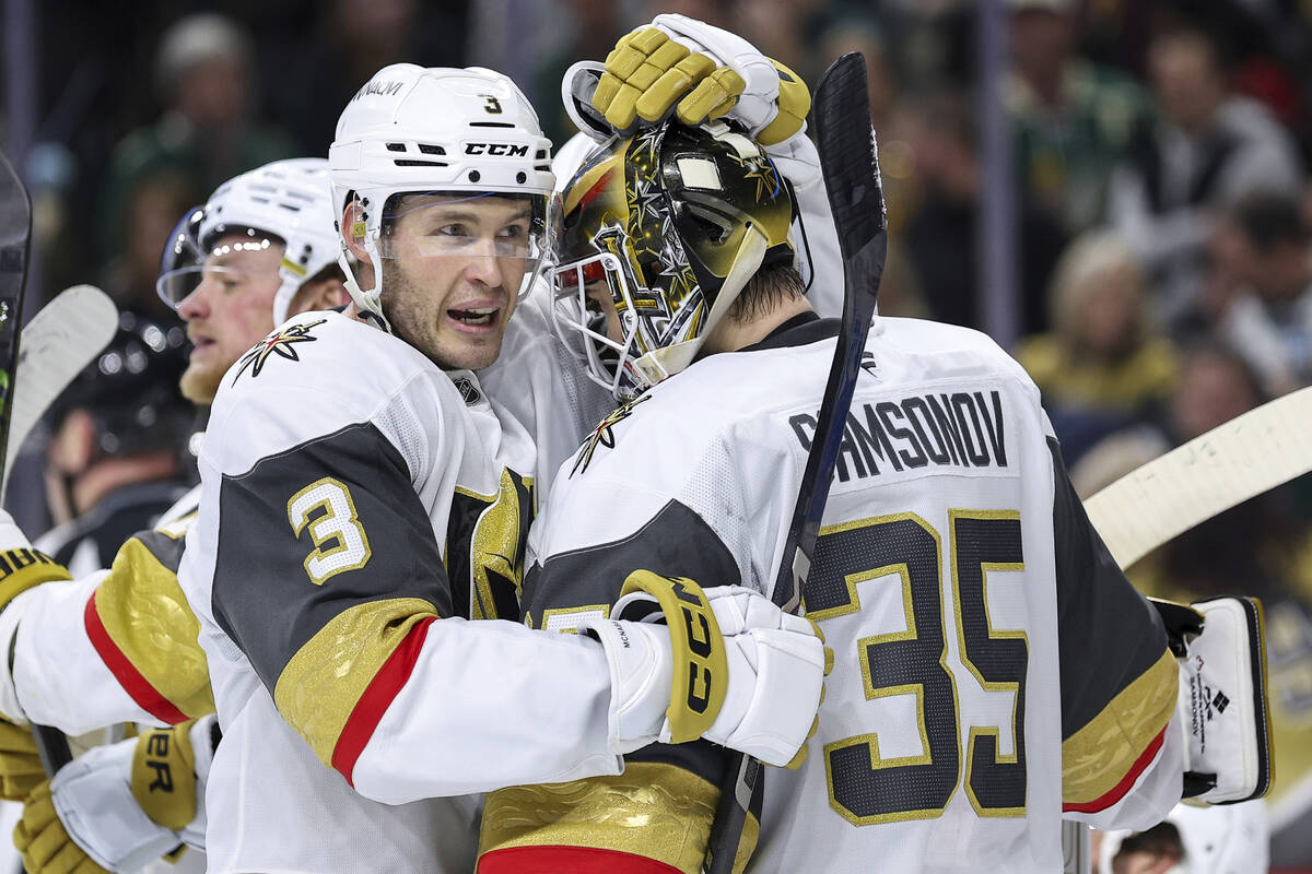 Vegas Golden Knights defenseman Brayden McNabb (3) and goaltender Ilya Samsonov (35) celebrate ...