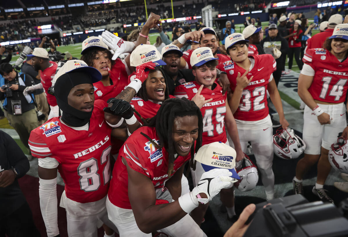 UNLV players celebrate after defeating Cal in the LA Bowl at SoFi Stadium on Wednesday, Dec. 18 ...