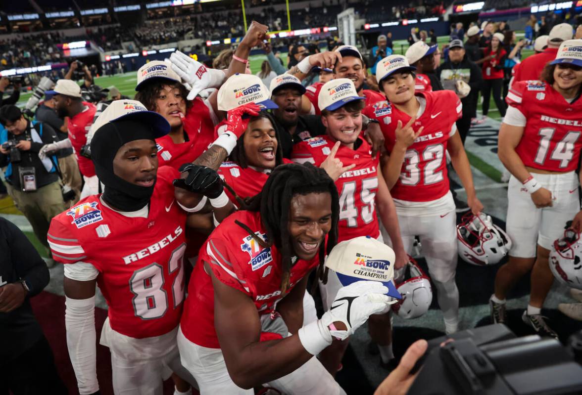 UNLV players celebrate after defeating Cal in the LA Bowl at SoFi Stadium on Wednesday, Dec. 18 ...