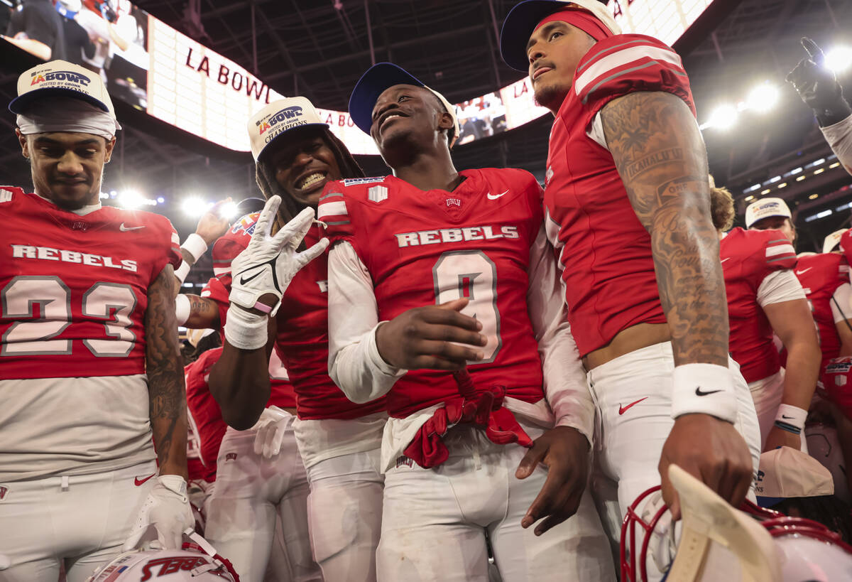 UNLV players celebrate after defeating Cal in the LA Bowl NCAA college football game at SoFi St ...