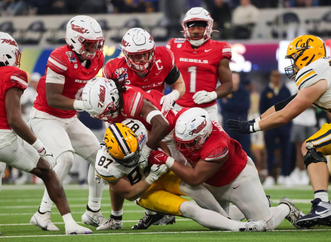 Cal tight end Jack Endries (87) gets taken down by UNLV defense during the second half of the L ...