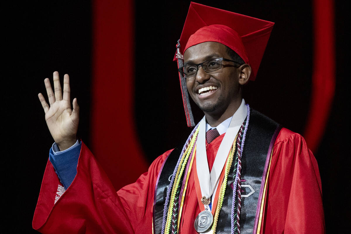 Outstanding Graduate Samer Youssouf is introduced during the UNLV winter commencement at the Th ...