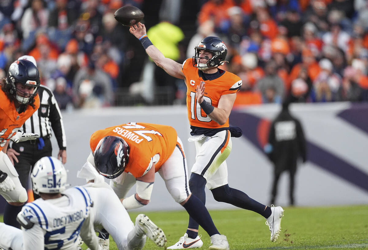 Denver Broncos quarterback Bo Nix (10) in the second half of an NFL football game Sunday, Dec. ...