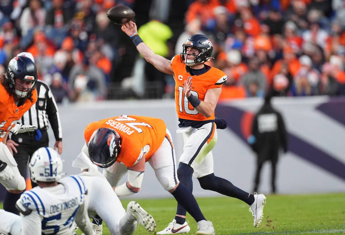 Denver Broncos quarterback Bo Nix (10) in the second half of an NFL football game Sunday, Dec. ...