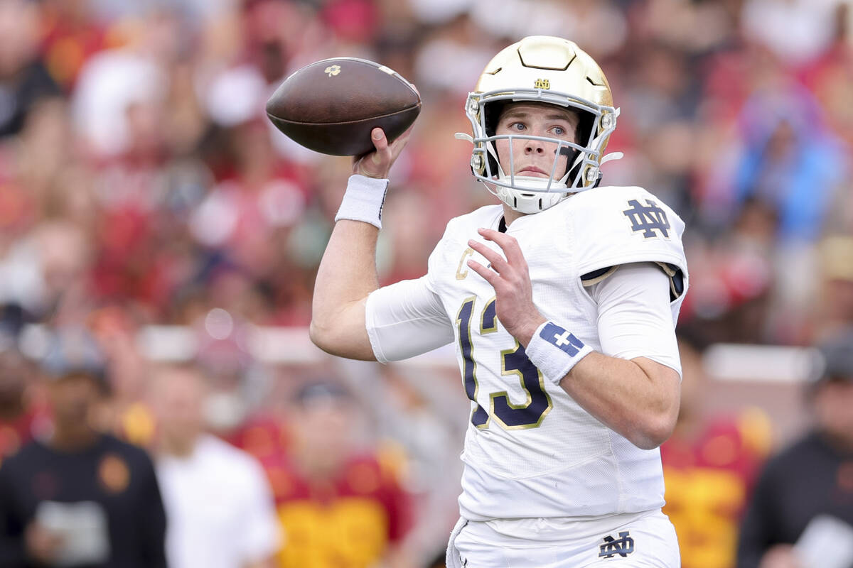 Notre Dame quarterback Riley Leonard throws during the first half of an NCAA college football g ...