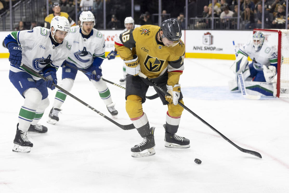 Golden Knights left wing Pavel Dorofeyev (16) looks to take control of the puck during the firs ...