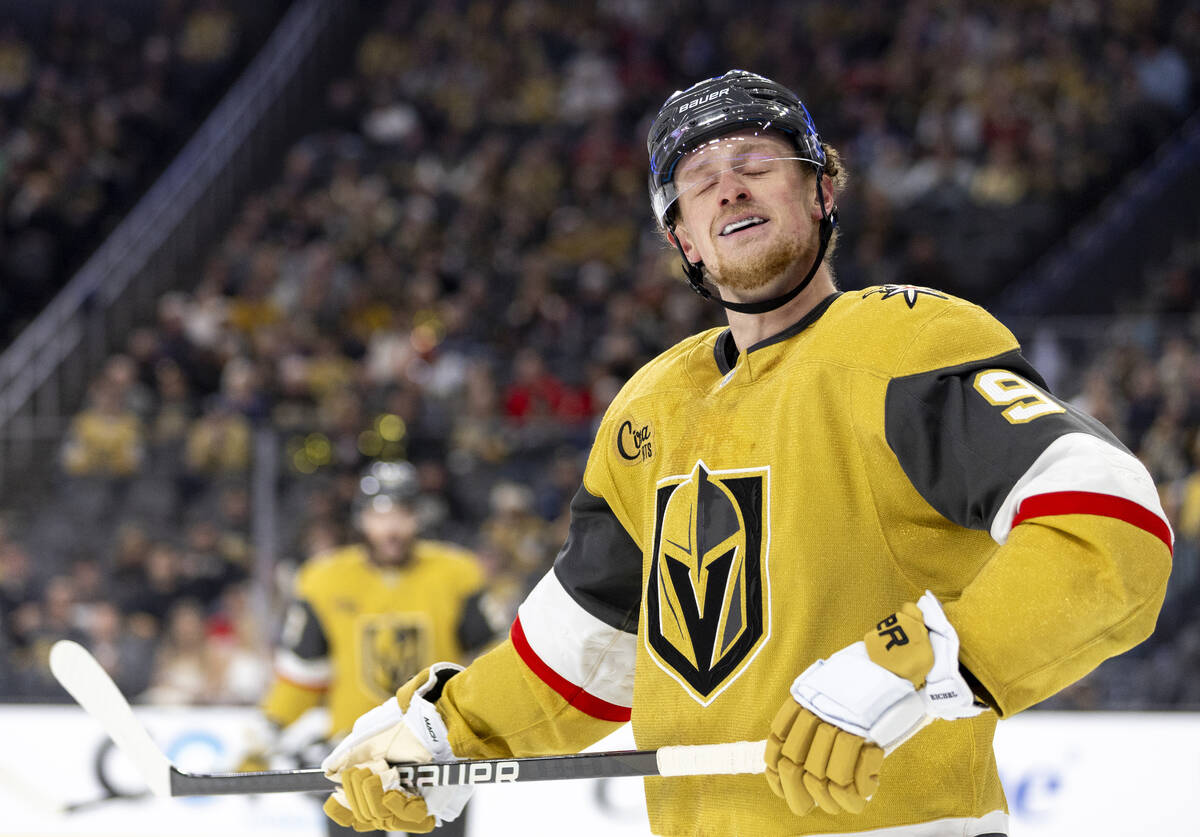 Golden Knights center Jack Eichel (9) shakes his head after missing a shot during the first per ...