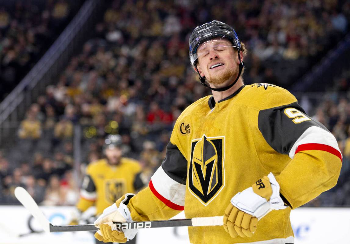 Golden Knights center Jack Eichel (9) shakes his head after missing a shot during the first per ...